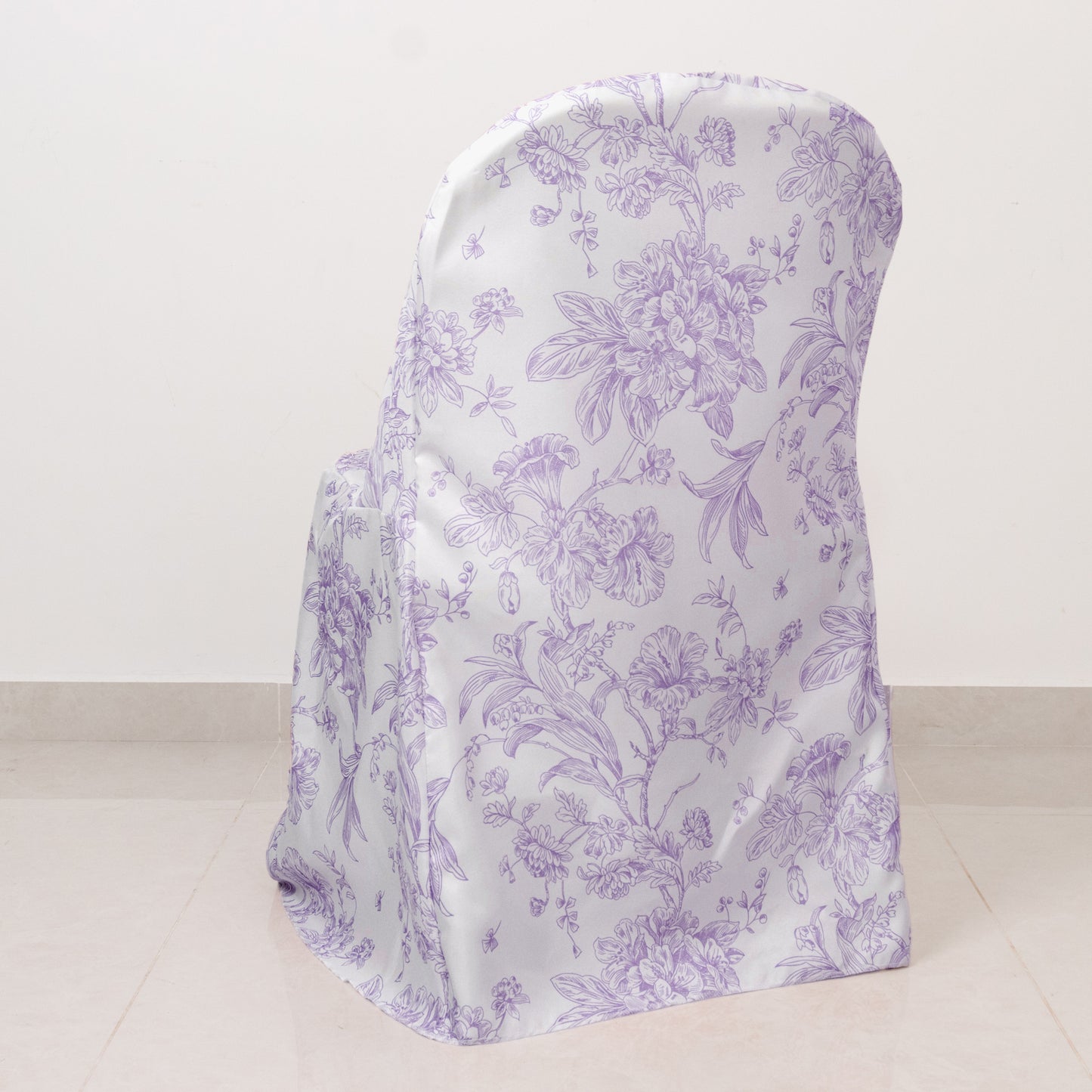 White lavender lilac chair cover with French toile pattern for folding chairs.