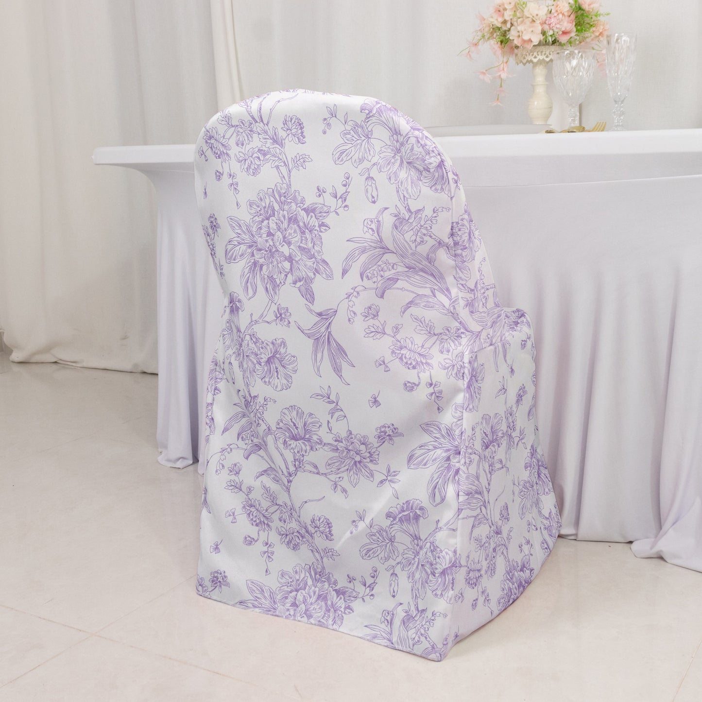 White lavender lilac chair cover with French toile pattern for folding chairs.