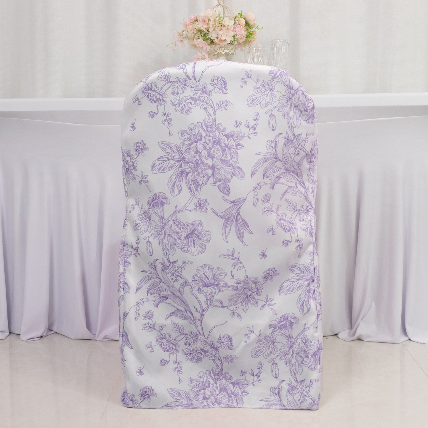 White lavender lilac chair cover with French toile pattern for folding chairs.