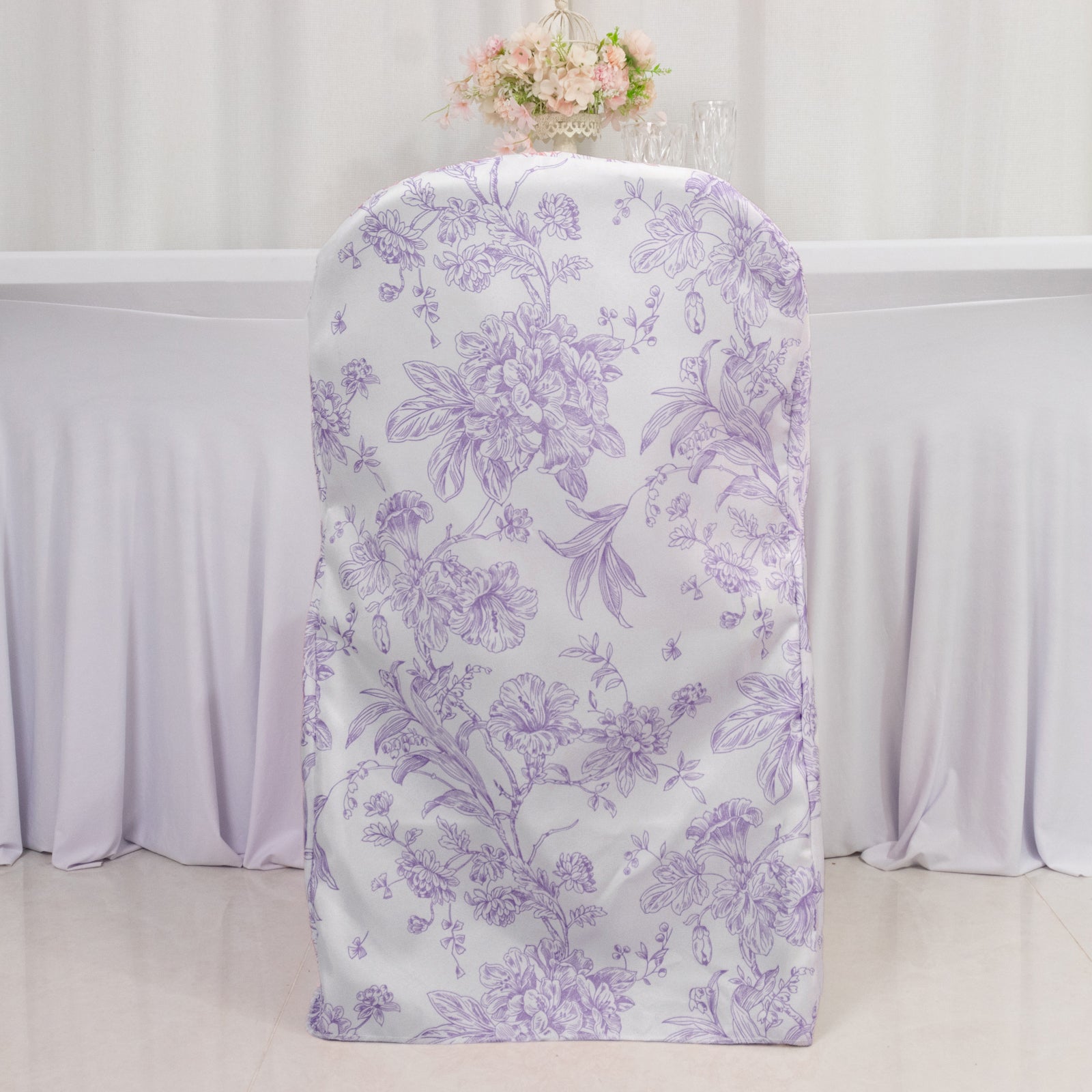 White lavender lilac chair cover with French toile pattern for folding chairs.