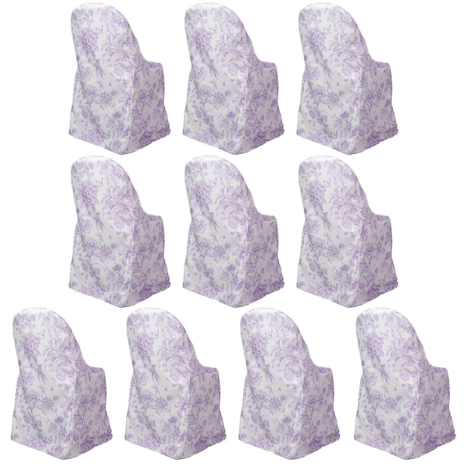 White lavender lilac folding chair covers in French toile pattern.