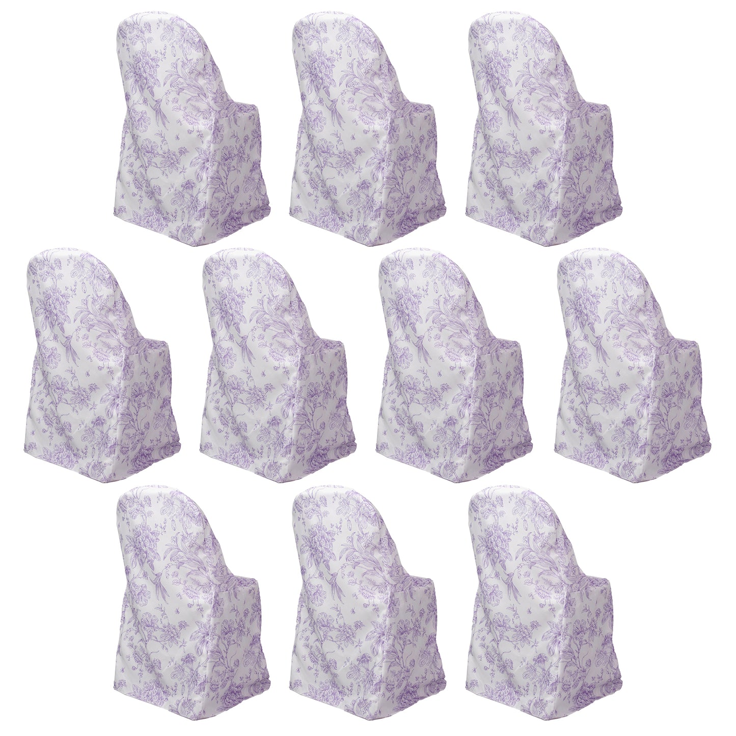 White lavender chair covers with French toile pattern, reusable and stain-resistant.