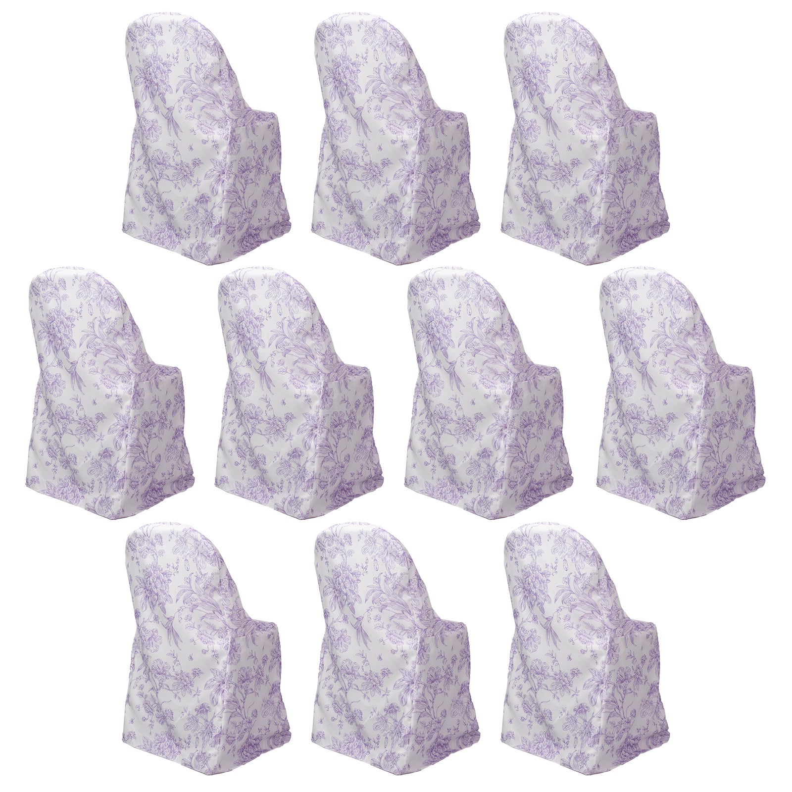 White lavender chair covers with French toile pattern, reusable and stain-resistant.