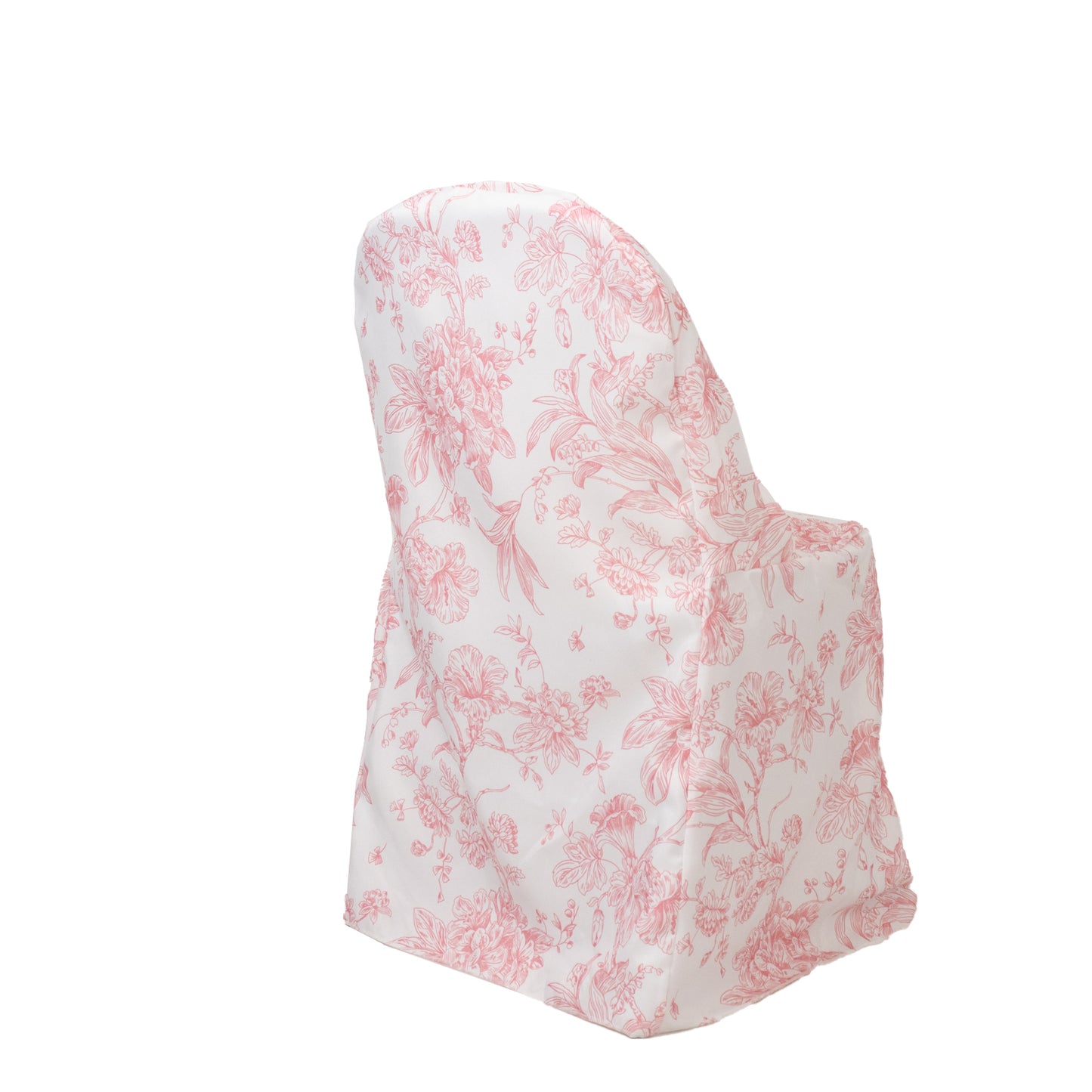 White pink chair cover with French toile pattern for folding chairs.