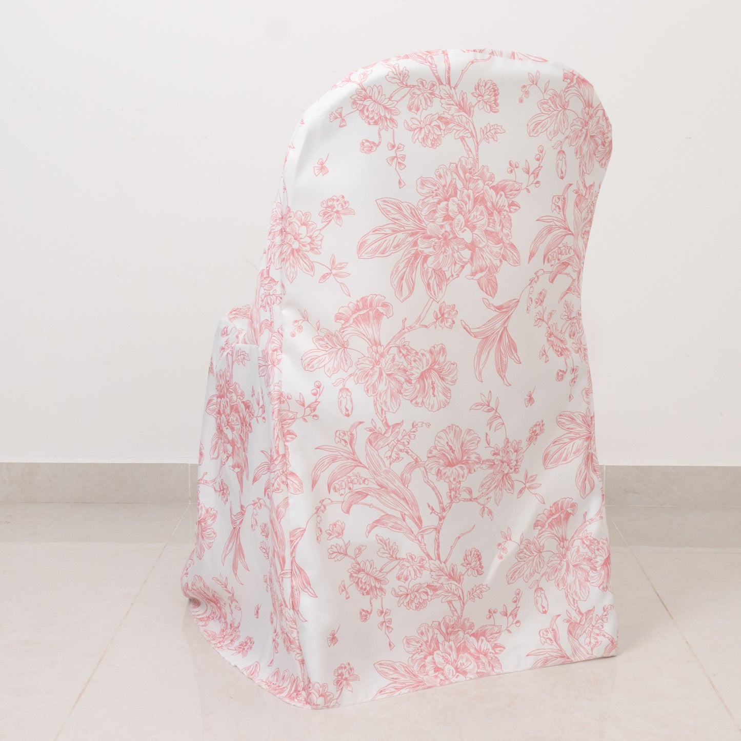 White and pink floral folding chair cover, reusable and stain-resistant.