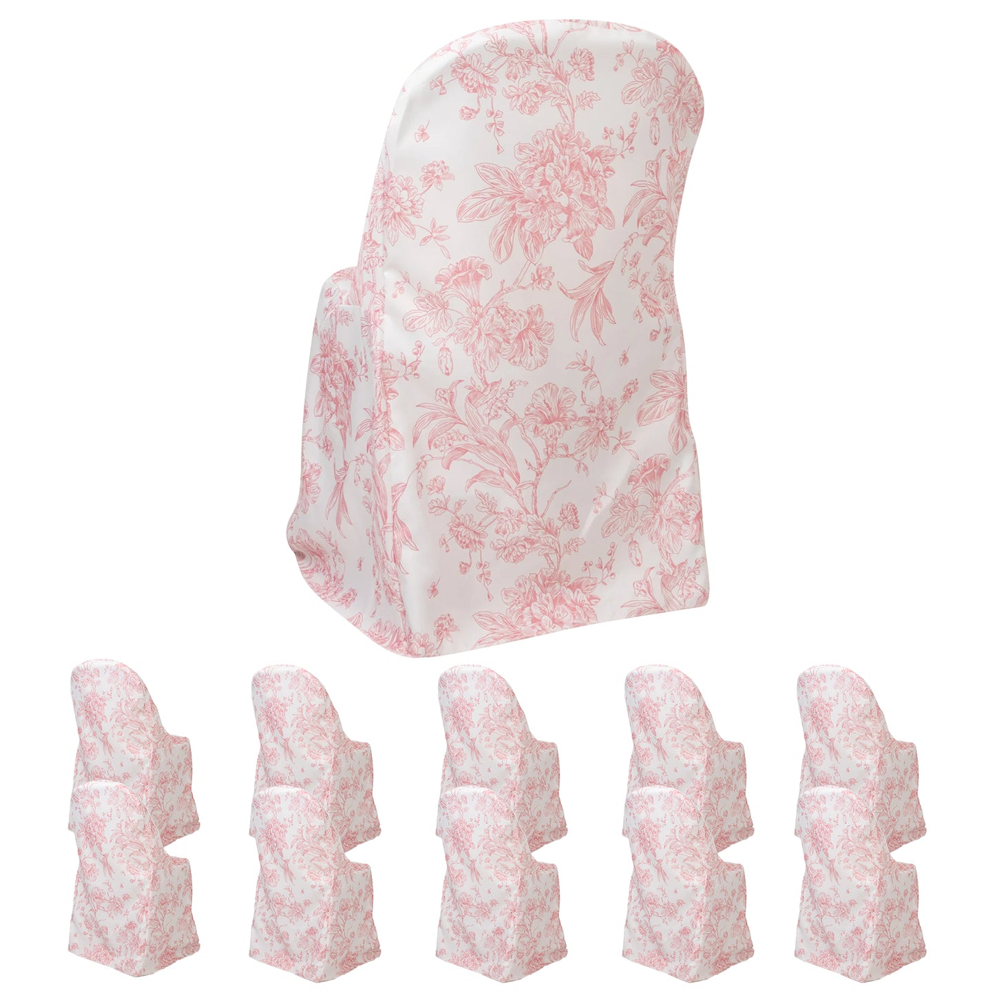 White and pink French toile pattern chair cover for folding chairs.