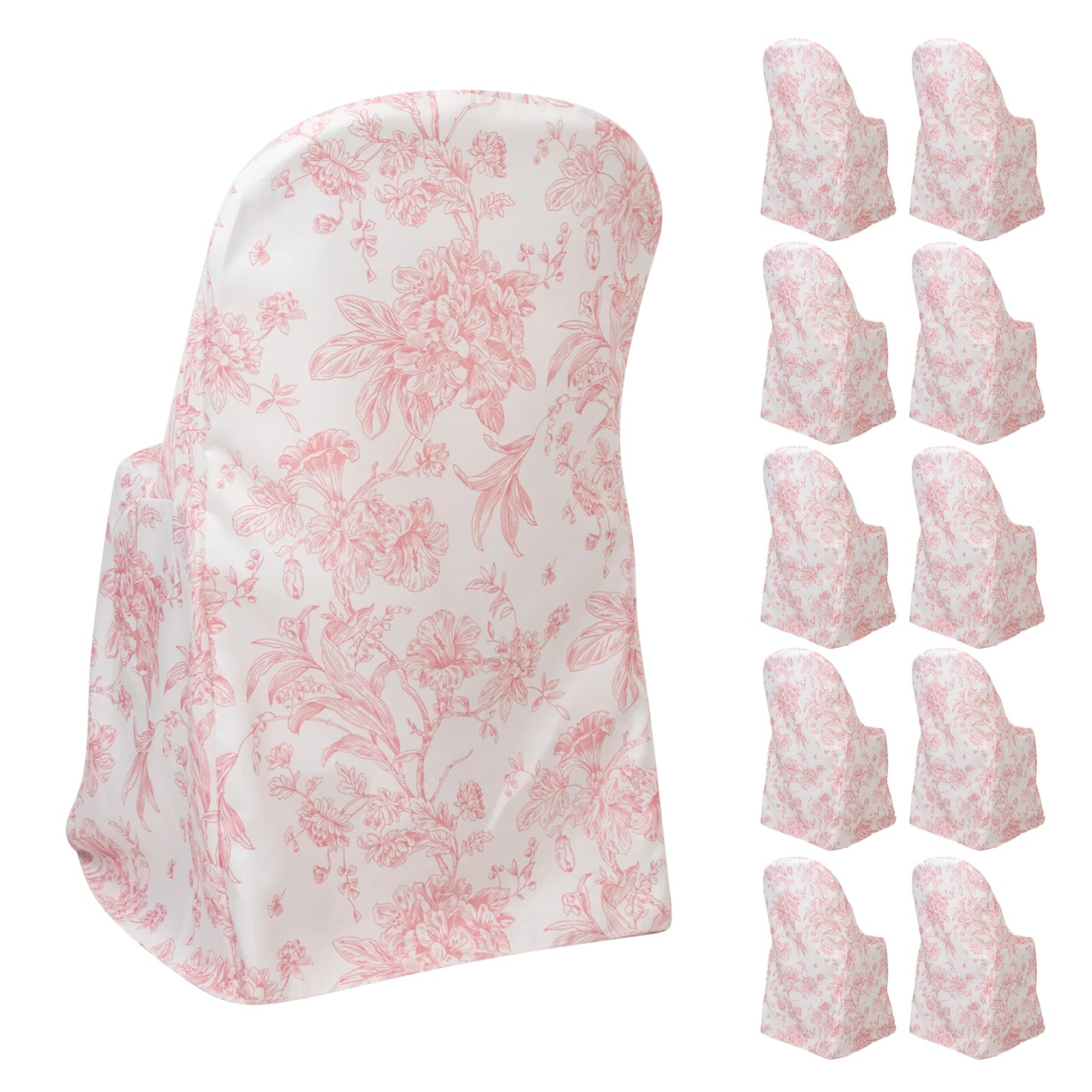 White pink chair cover with French toile pattern, set of 10. Reusable and stain-resistant.