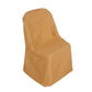 Gold polyester folding chair cover, reusable and stain resistant.