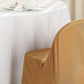Gold polyester folding chair cover on a chair beside a table.