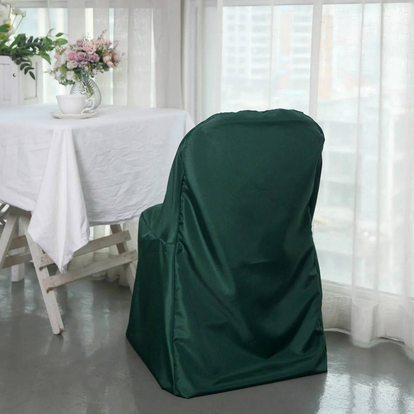 10 Pack Hunter Emerald Green Polyester Folding Chair Covers, Reusable Stain Resistant Slip On Chair Covers