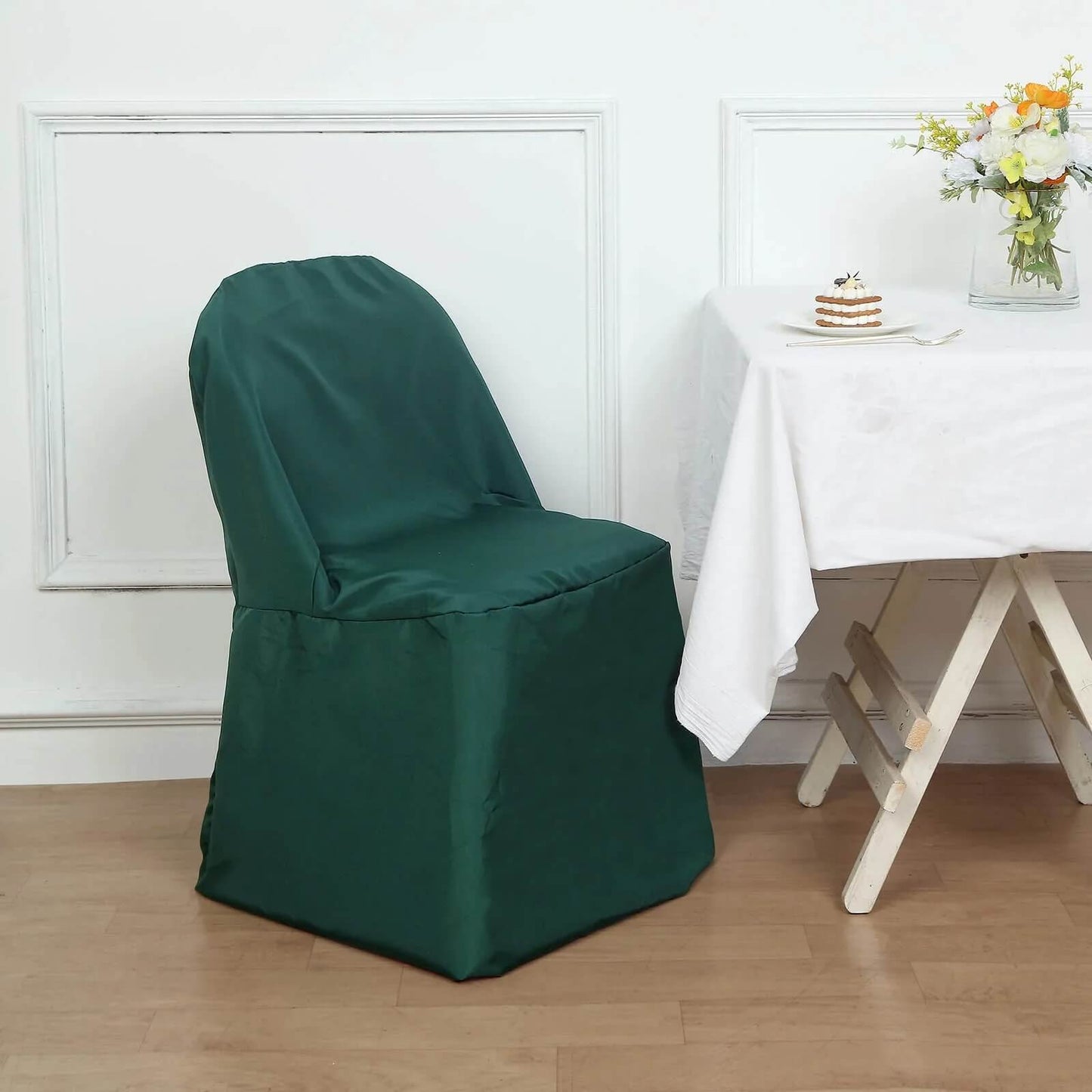 10 Pack Hunter Emerald Green Polyester Folding Chair Covers, Reusable Stain Resistant Slip On Chair Covers