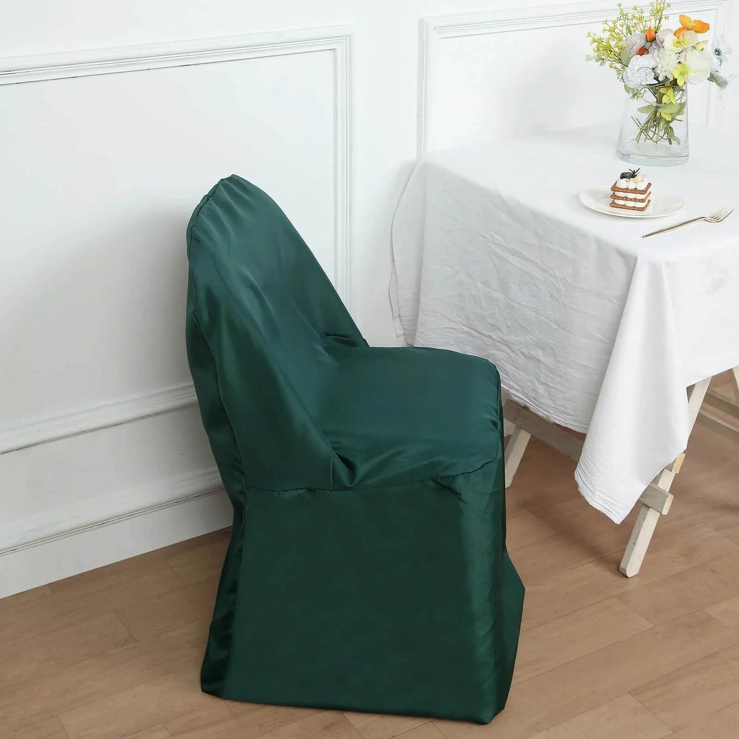 10 Pack Hunter Emerald Green Polyester Folding Chair Covers, Reusable Stain Resistant Slip On Chair Covers