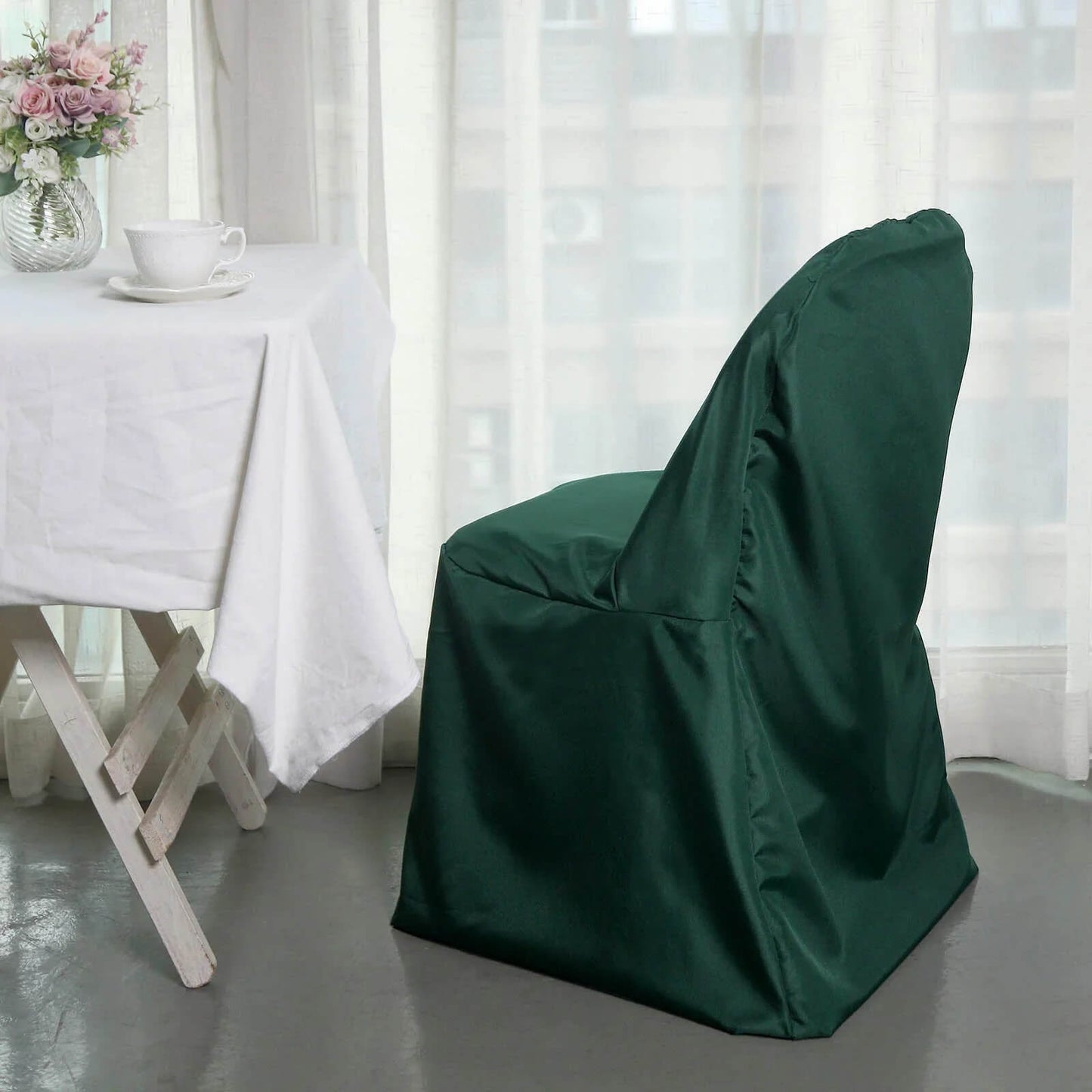 10 Pack Hunter Emerald Green Polyester Folding Chair Covers, Reusable Stain Resistant Slip On Chair Covers