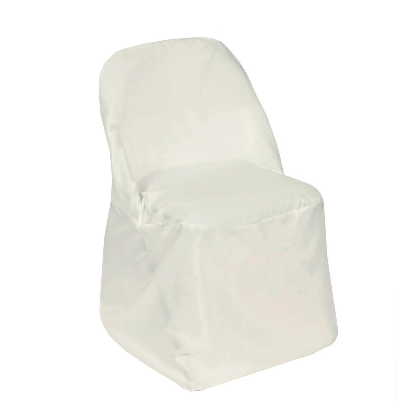 Ivory polyester folding chair cover, reusable and stain resistant.