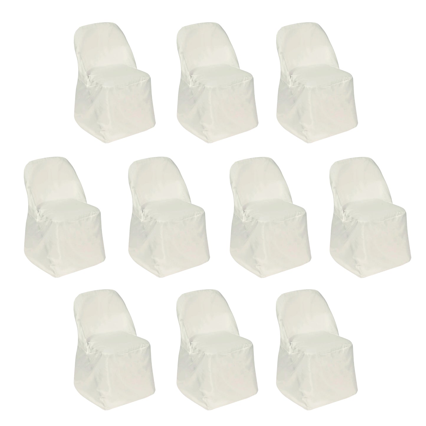 Ivory polyester folding chair covers, 10 pack, stain resistant and reusable.