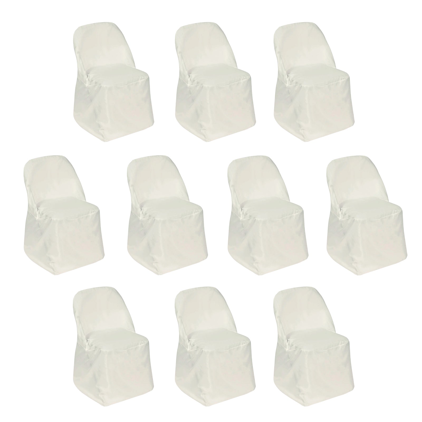 Ivory polyester folding chair covers, 10 pack, stain resistant and reusable.