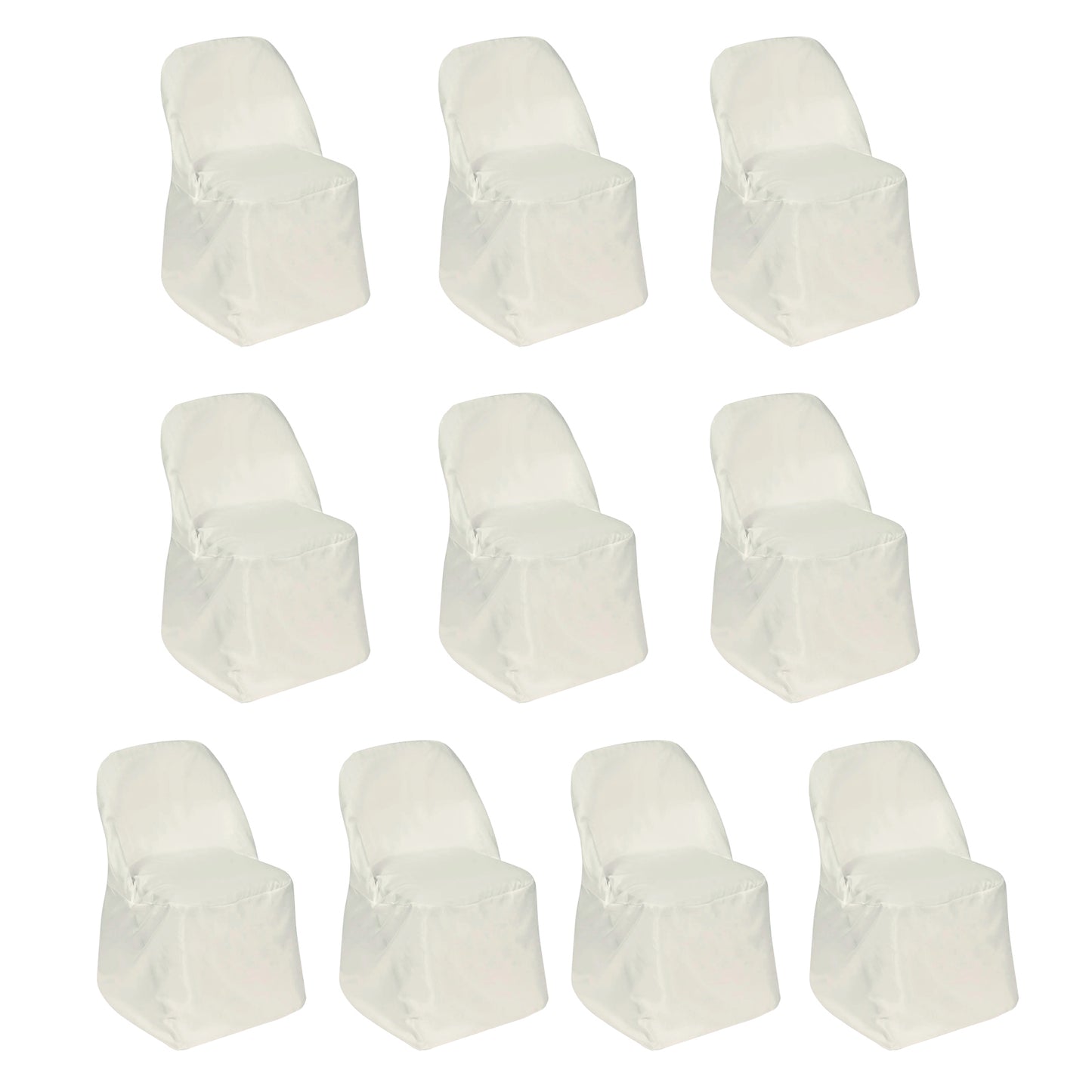 Ivory polyester folding chair covers, 10 pack, reusable and stain resistant.