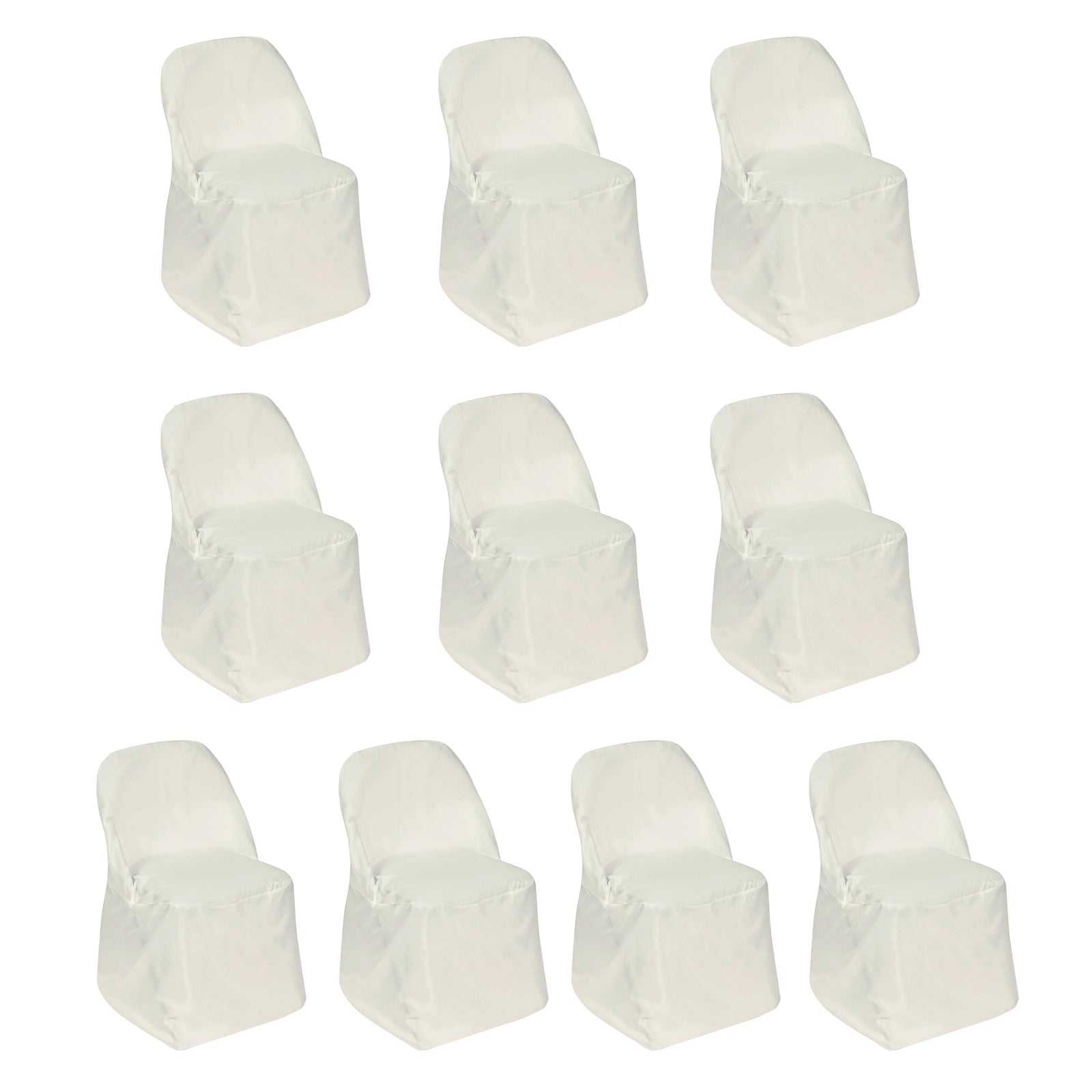 Ivory polyester folding chair covers, 10 pack, reusable and stain resistant.