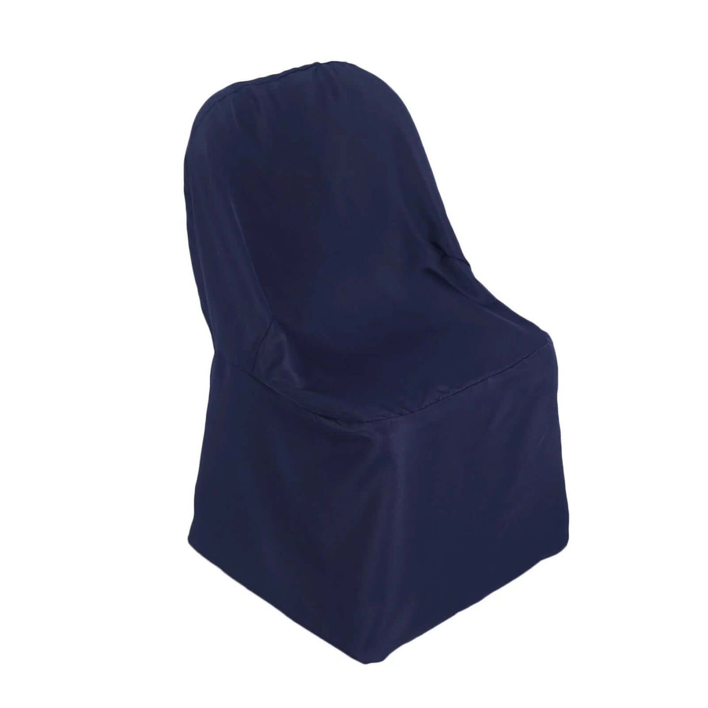 Navy blue reusable folding chair cover, stain-resistant and slip-on design.