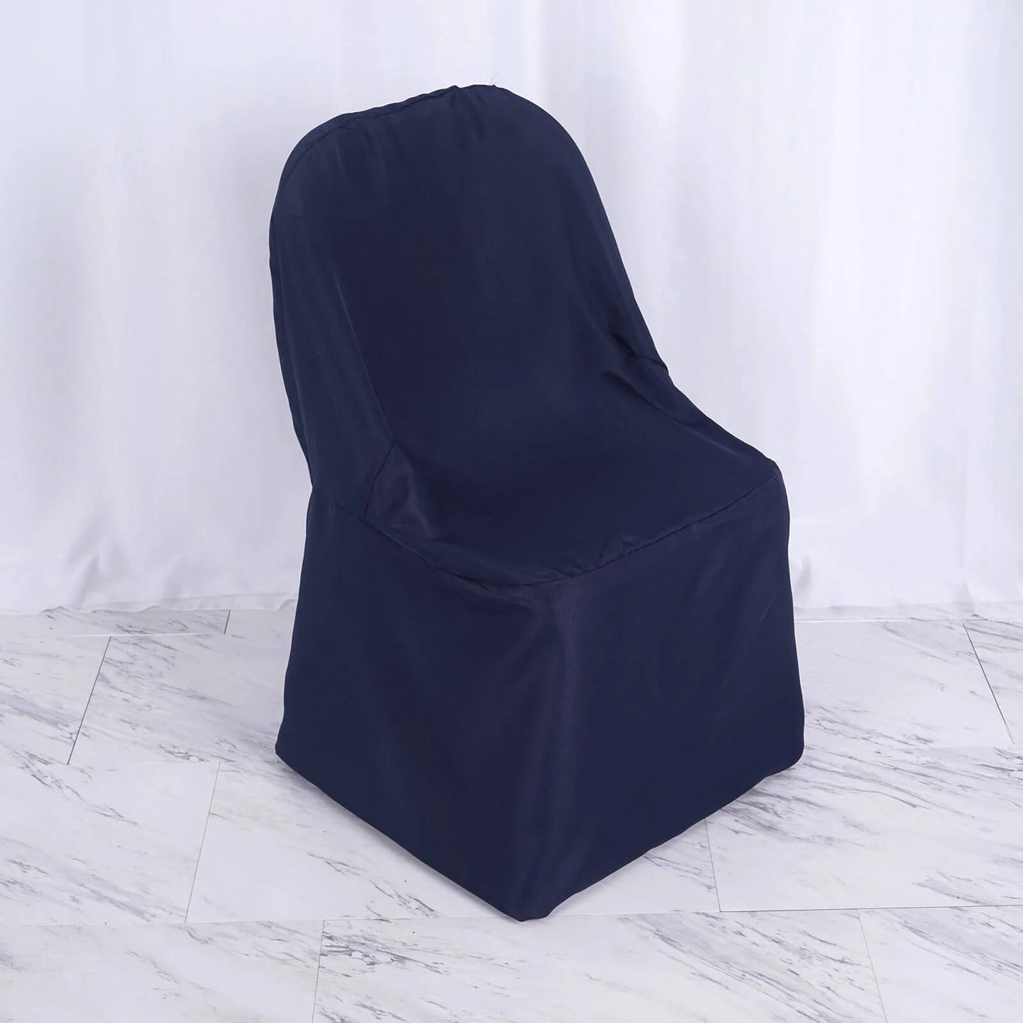 Navy blue polyester folding chair cover on a white background.