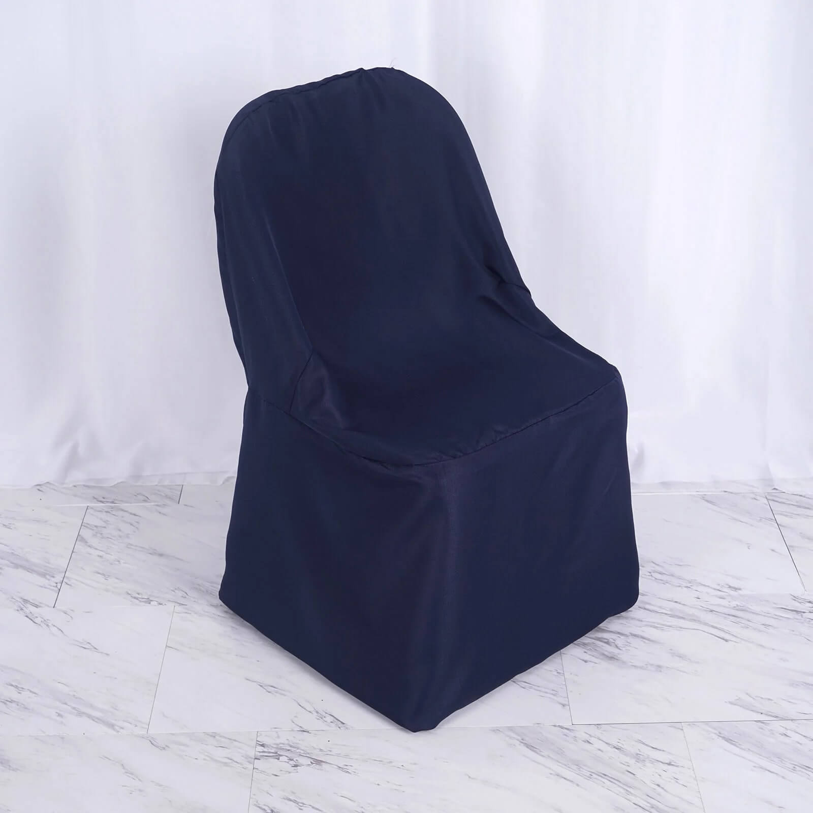 Navy blue polyester folding chair cover on a white background.