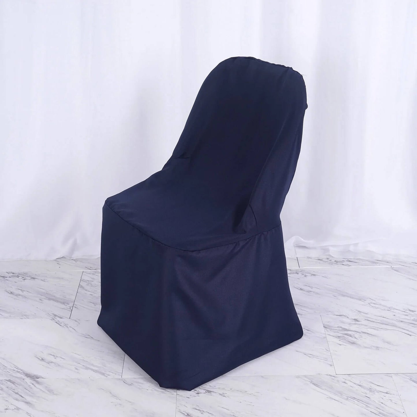 Navy blue polyester folding chair cover, reusable and stain resistant.