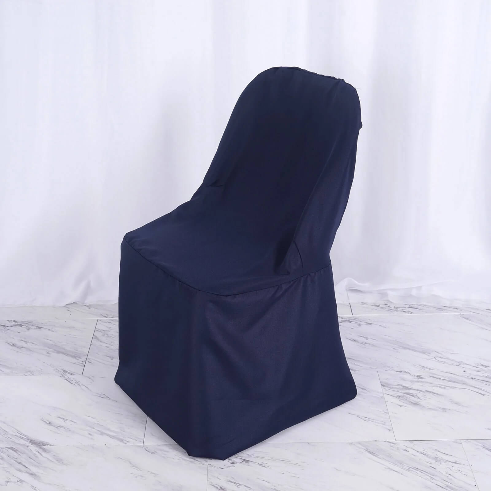 Navy blue polyester folding chair cover, reusable and stain resistant.