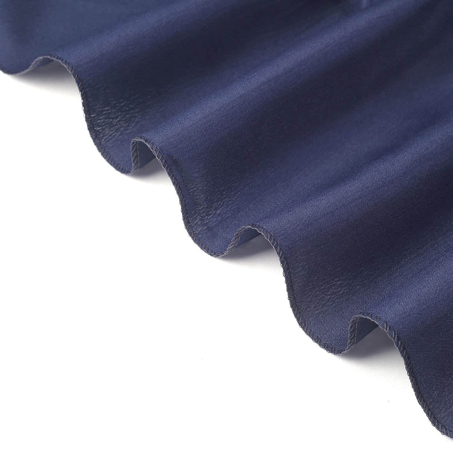 Navy blue polyester folding chair cover with a scalloped edge.