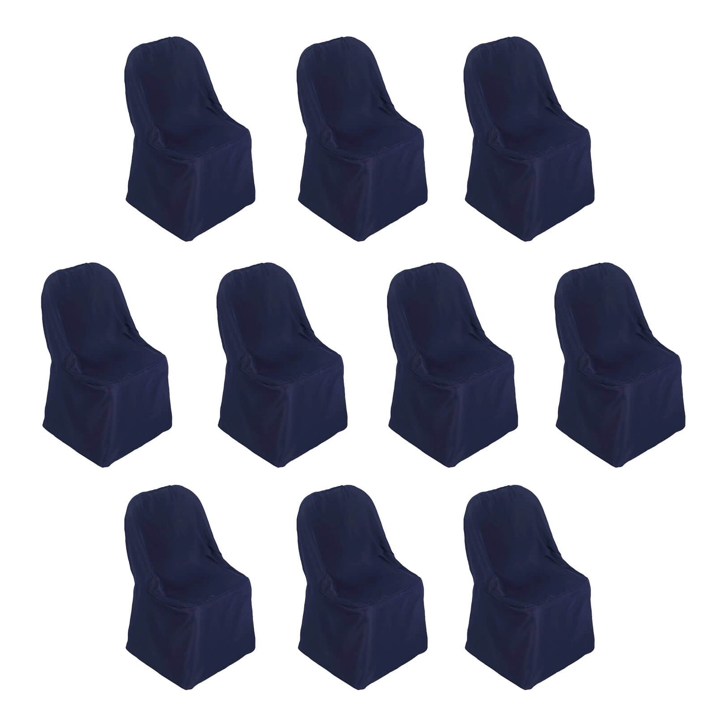 10 pack navy blue chair covers, reusable and stain resistant.