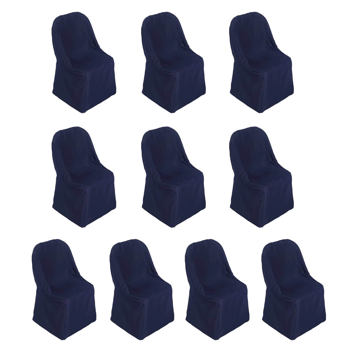 Navy blue polyester folding chair covers, 10 pack, stain resistant and reusable.