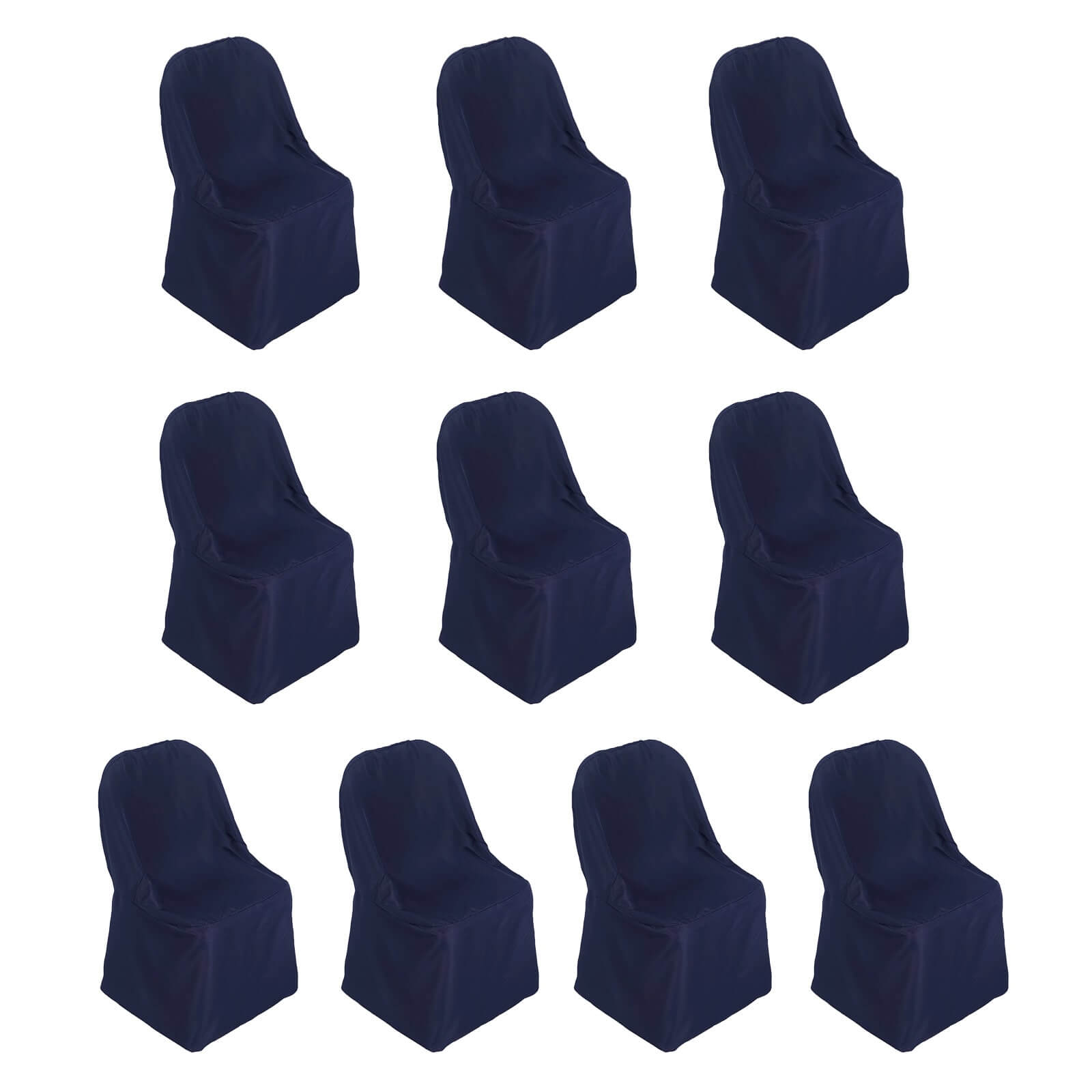 Navy blue polyester folding chair covers, 10 pack, stain resistant and reusable.