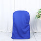 Royal blue polyester folding chair cover, reusable and stain resistant.