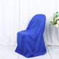 Royal blue polyester folding chair cover, reusable and stain resistant.