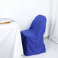 Royal blue polyester folding chair cover on a chair beside a table.
