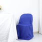 Royal blue polyester folding chair cover on a chair.