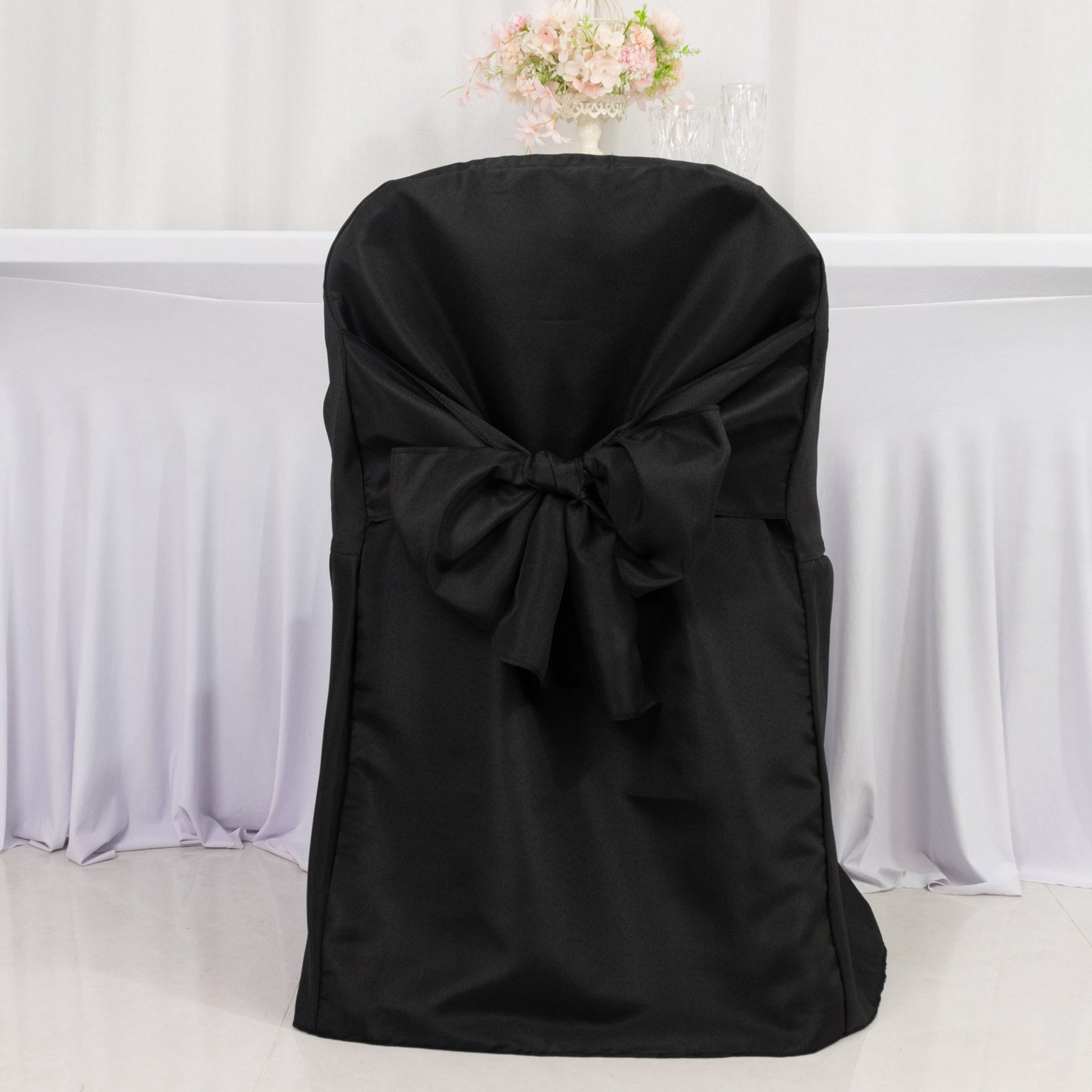 10-Pack Polyester Slip-On Folding Chair Covers with Attached Sashes – Black Durable Reusable Covers for Wedding & Event Decor