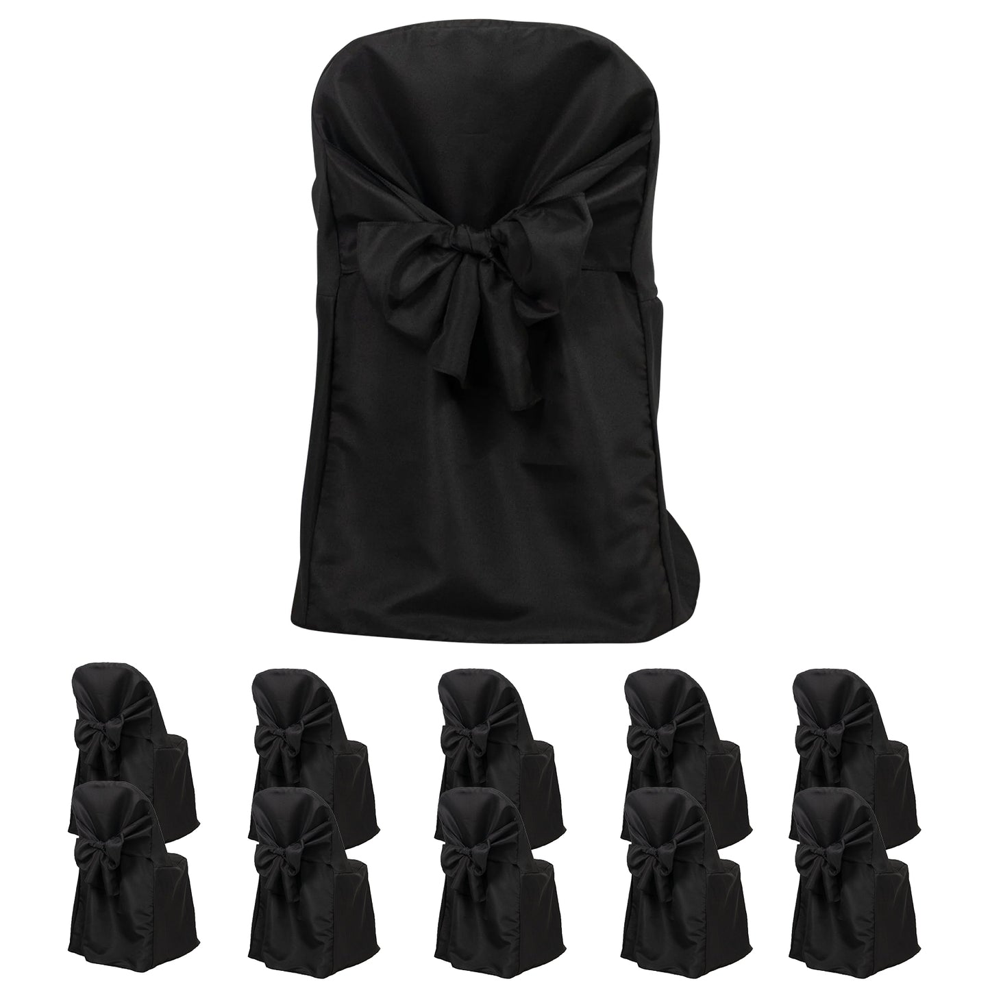 10-Pack Polyester Slip-On Folding Chair Covers with Attached Sashes – Black Durable Reusable Covers for Wedding & Event Decor