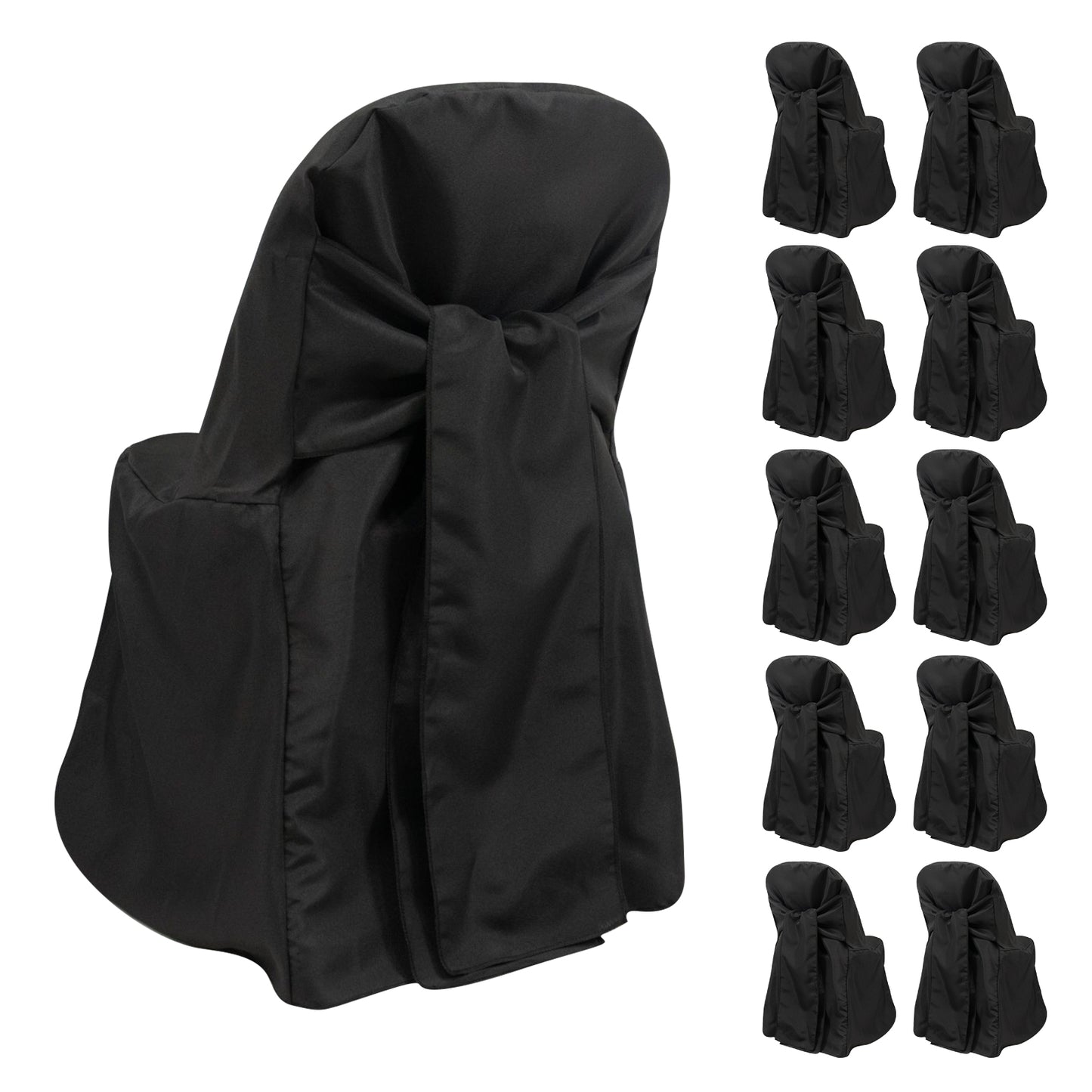 10-Pack Polyester Slip-On Folding Chair Covers with Attached Sashes – Black Durable Reusable Covers for Wedding & Event Decor