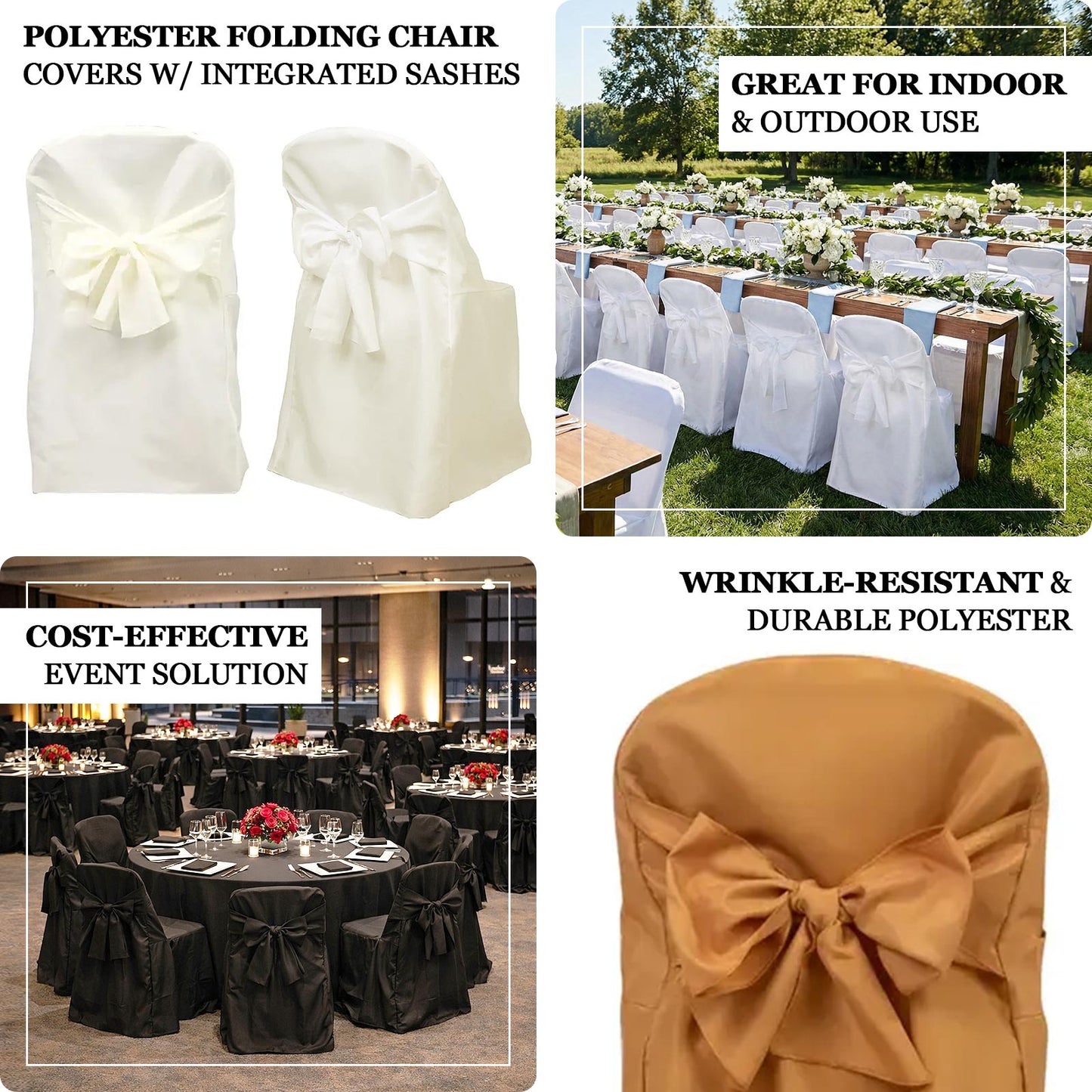 White polyester slip-on folding chair covers with sashes for events.
