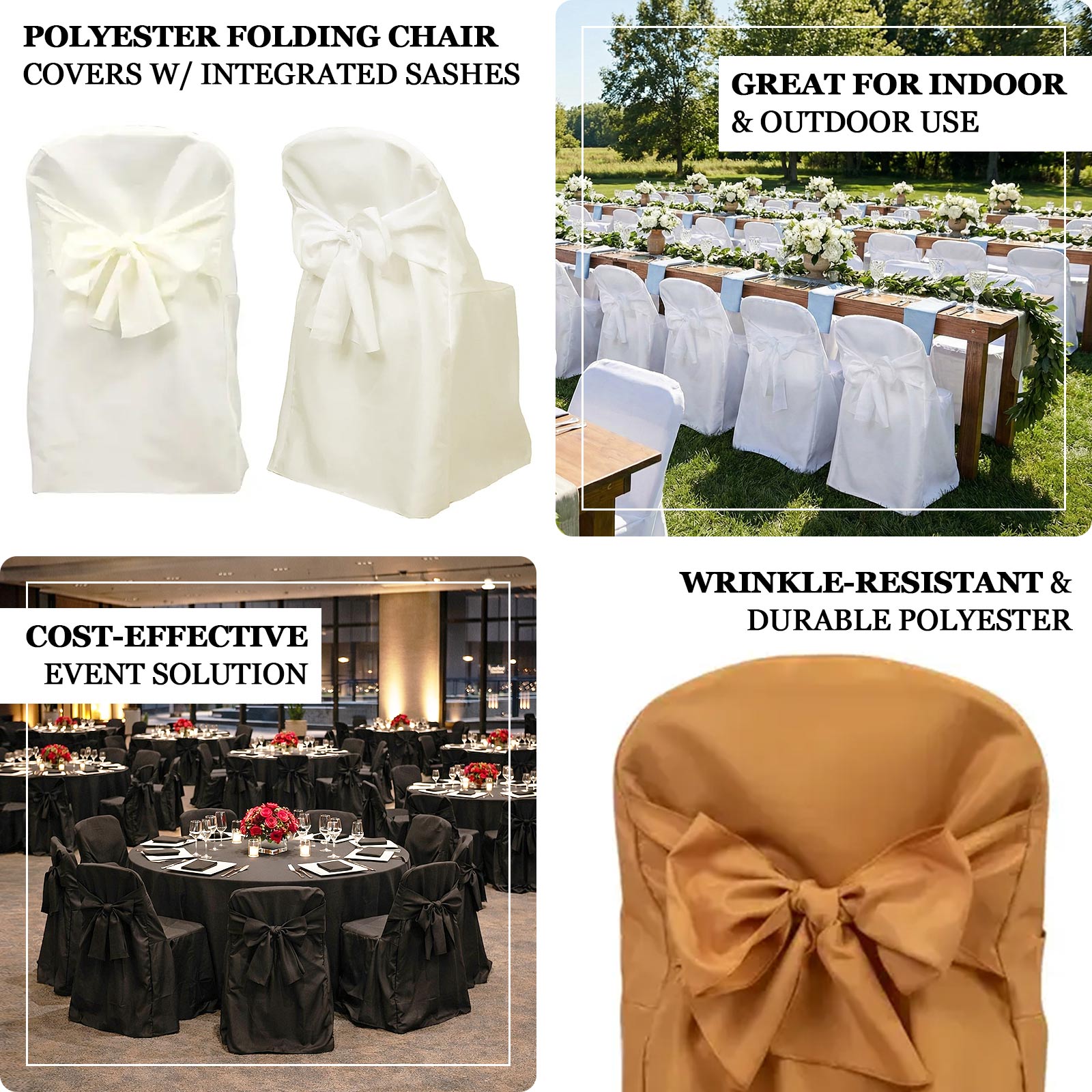 Gold polyester slip-on folding chair covers with attached sashes.