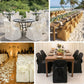 Gold slip-on folding chair covers with attached sashes for wedding and event decor.