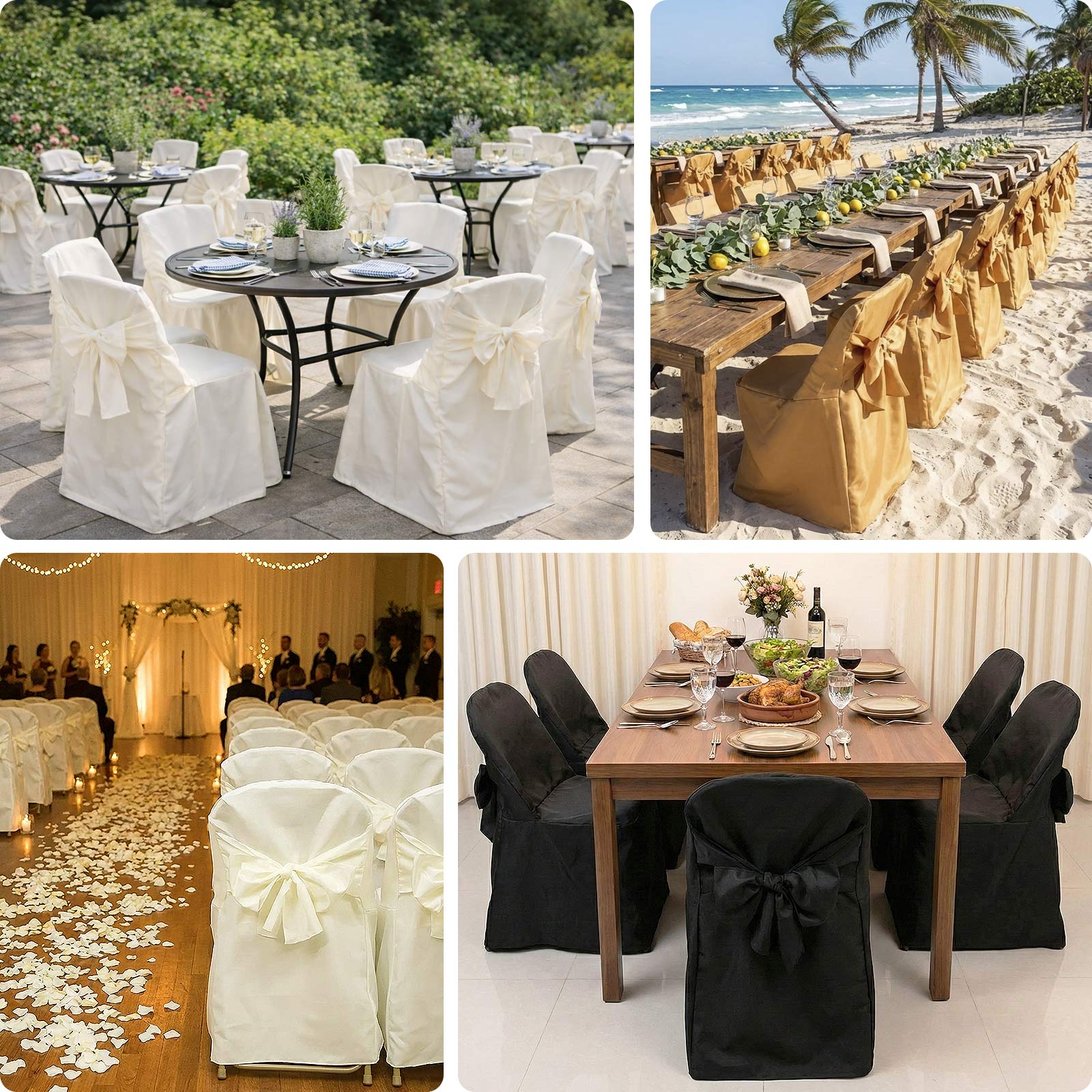 Gold slip-on folding chair covers with attached sashes for wedding and event decor.