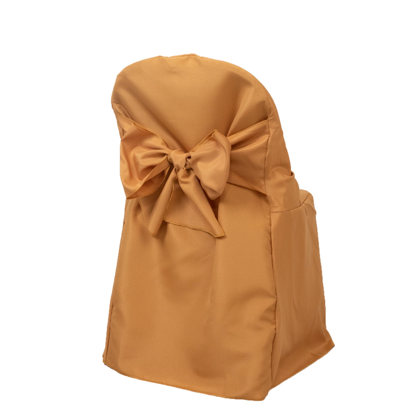 Gold slip-on folding chair cover with an attached sash, ideal for events.