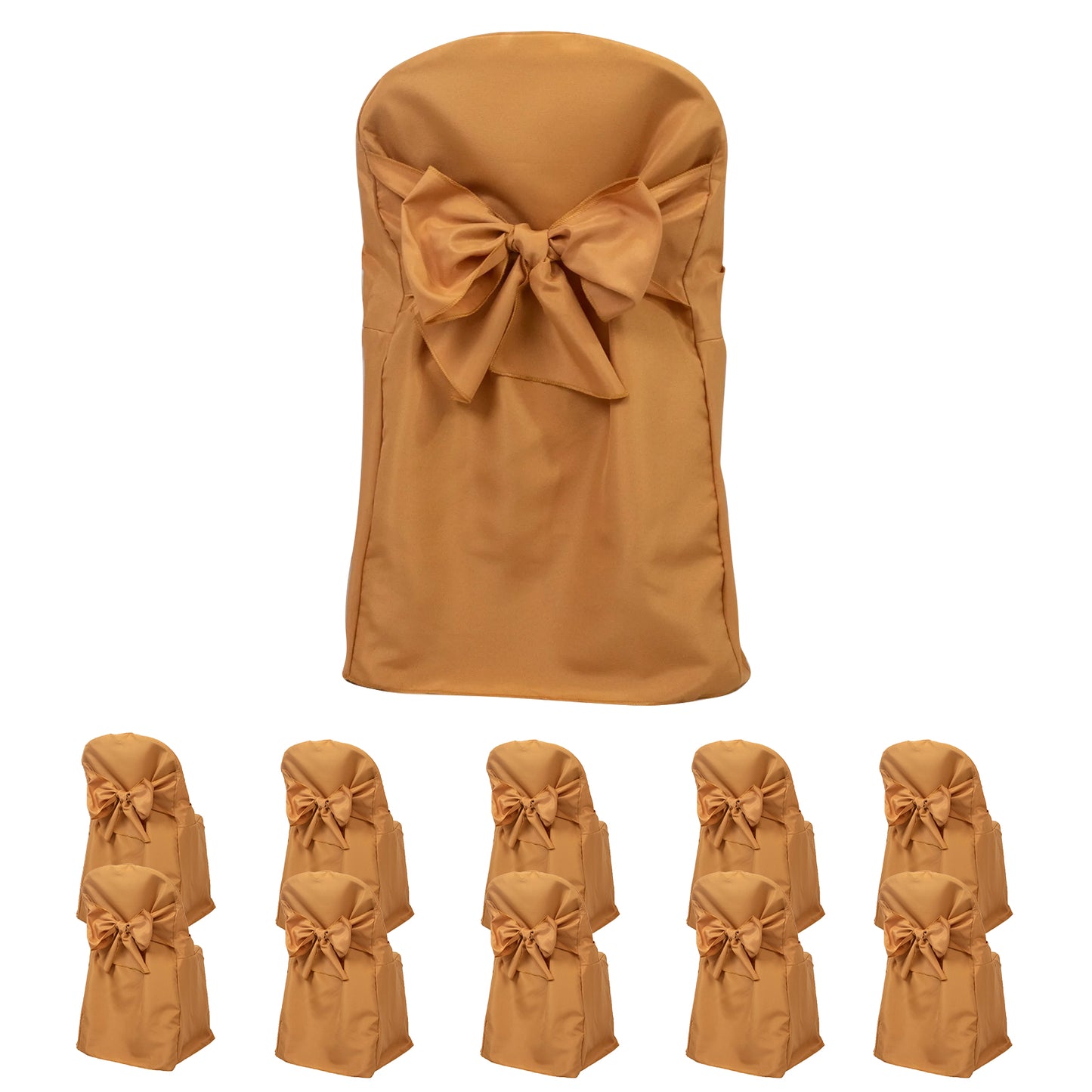 Gold slip-on folding chair covers with attached sashes, 10-pack.