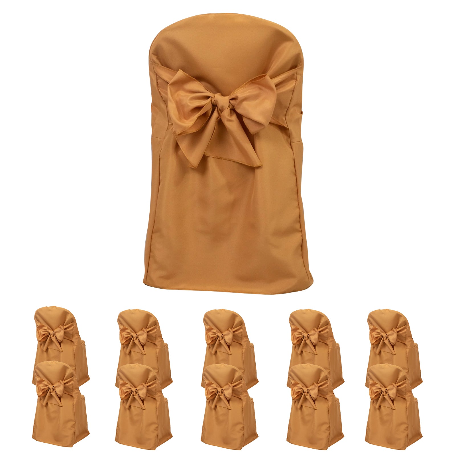 Gold slip-on folding chair covers with attached sashes, 10-pack.
