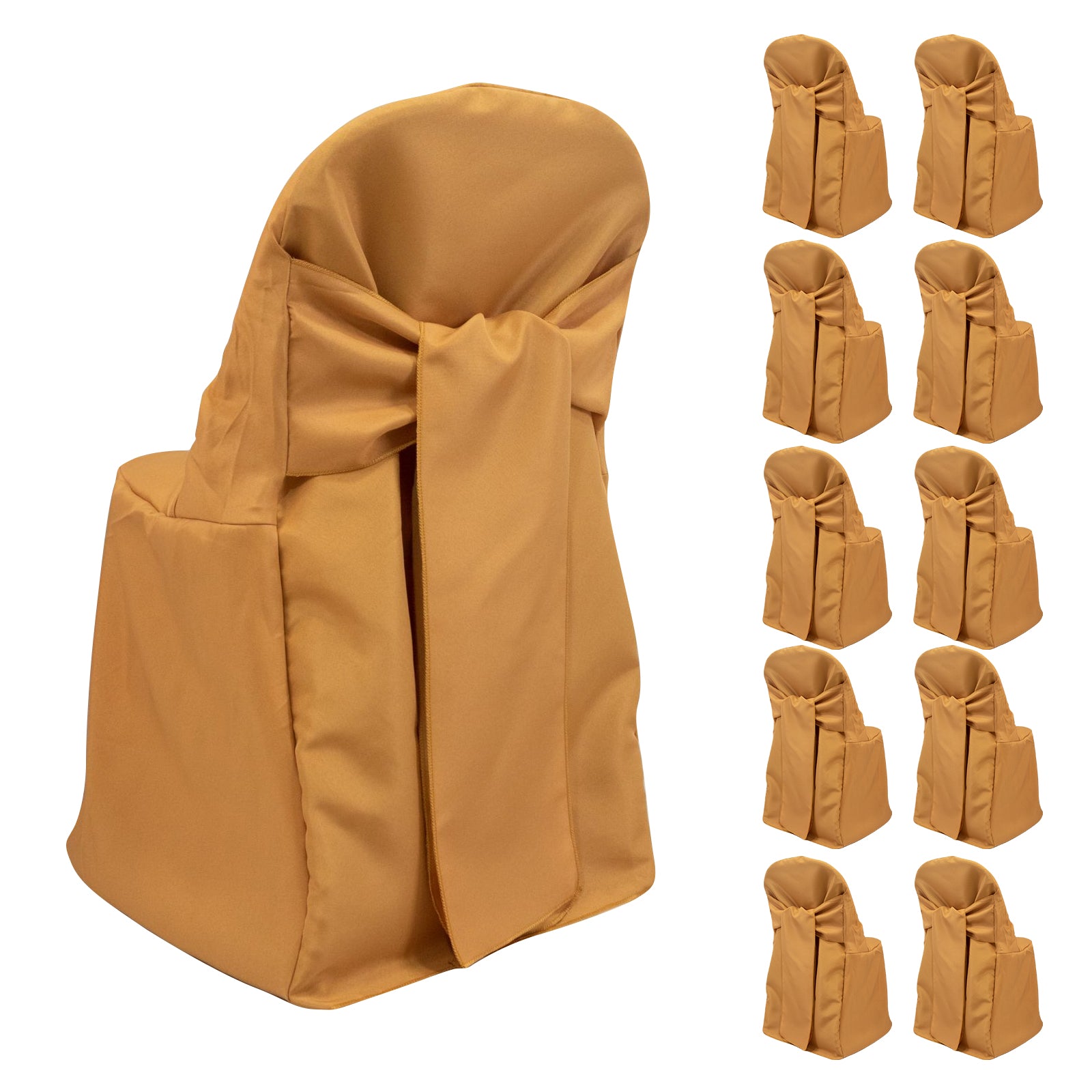 Gold slip-on folding chair covers with attached sashes for events.