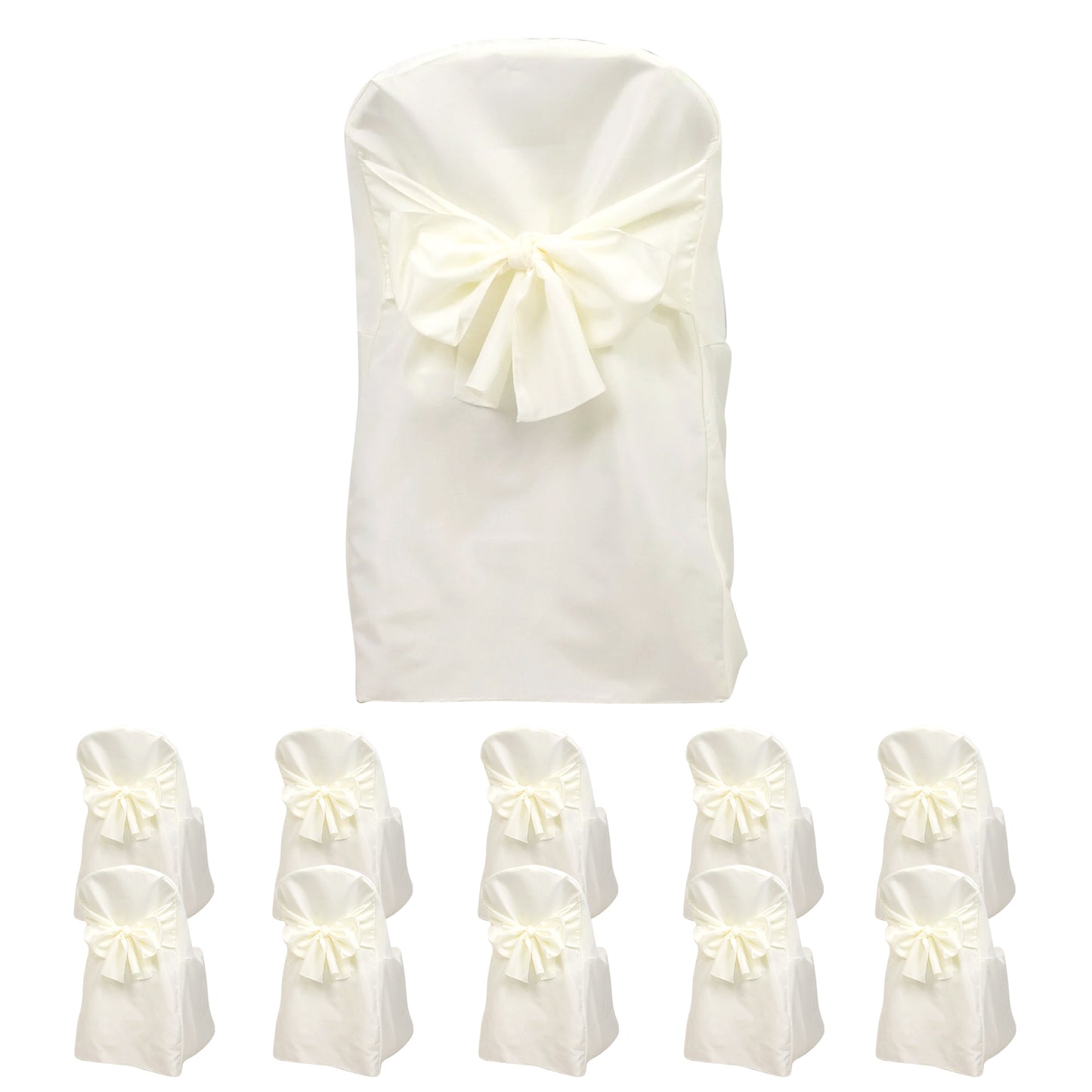 10-Pack Polyester Slip-On Folding Chair Covers with Attached Sashes – Ivory Durable Reusable Covers for Wedding & Event Decor