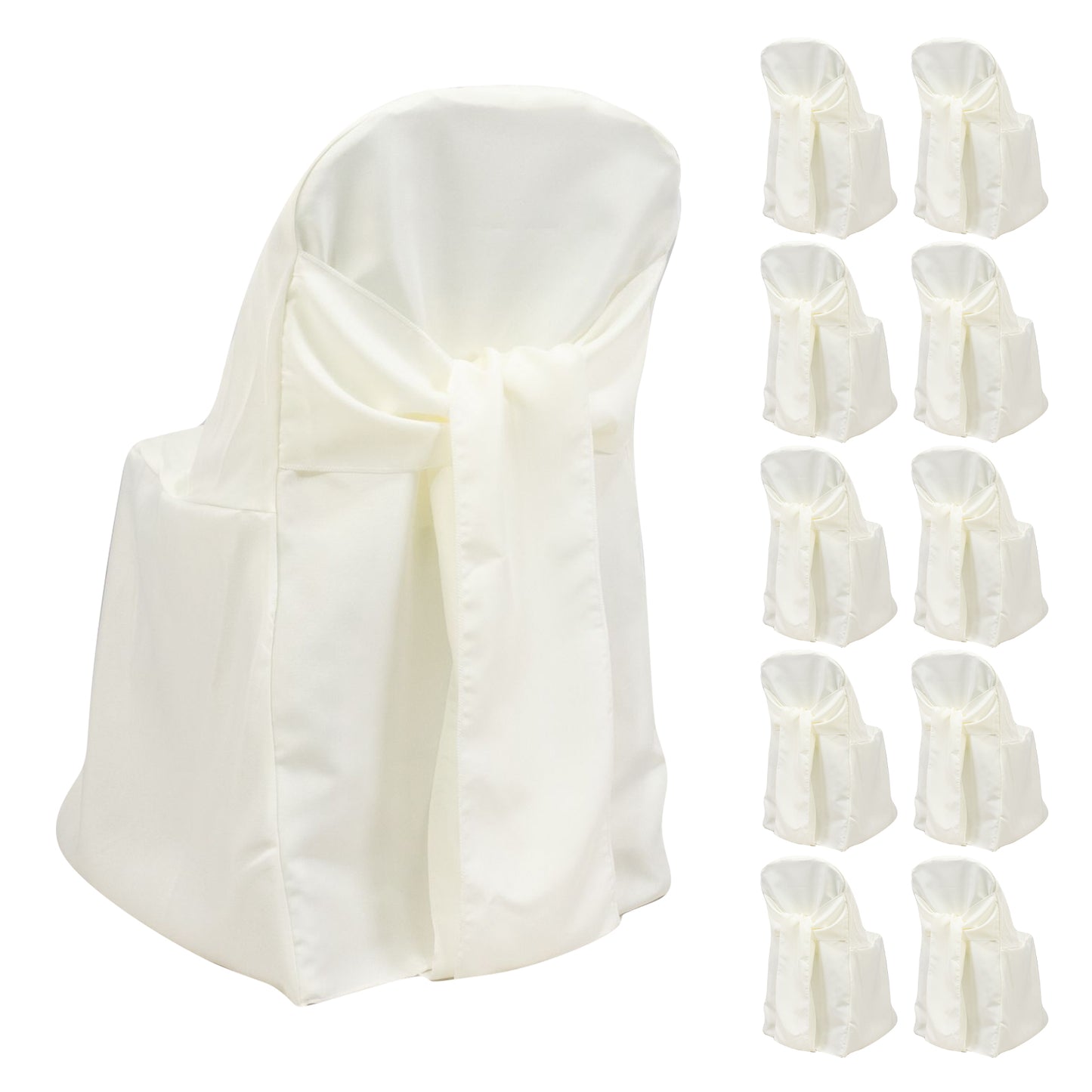 10-Pack Polyester Slip-On Folding Chair Covers with Attached Sashes – Ivory Durable Reusable Covers for Wedding & Event Decor