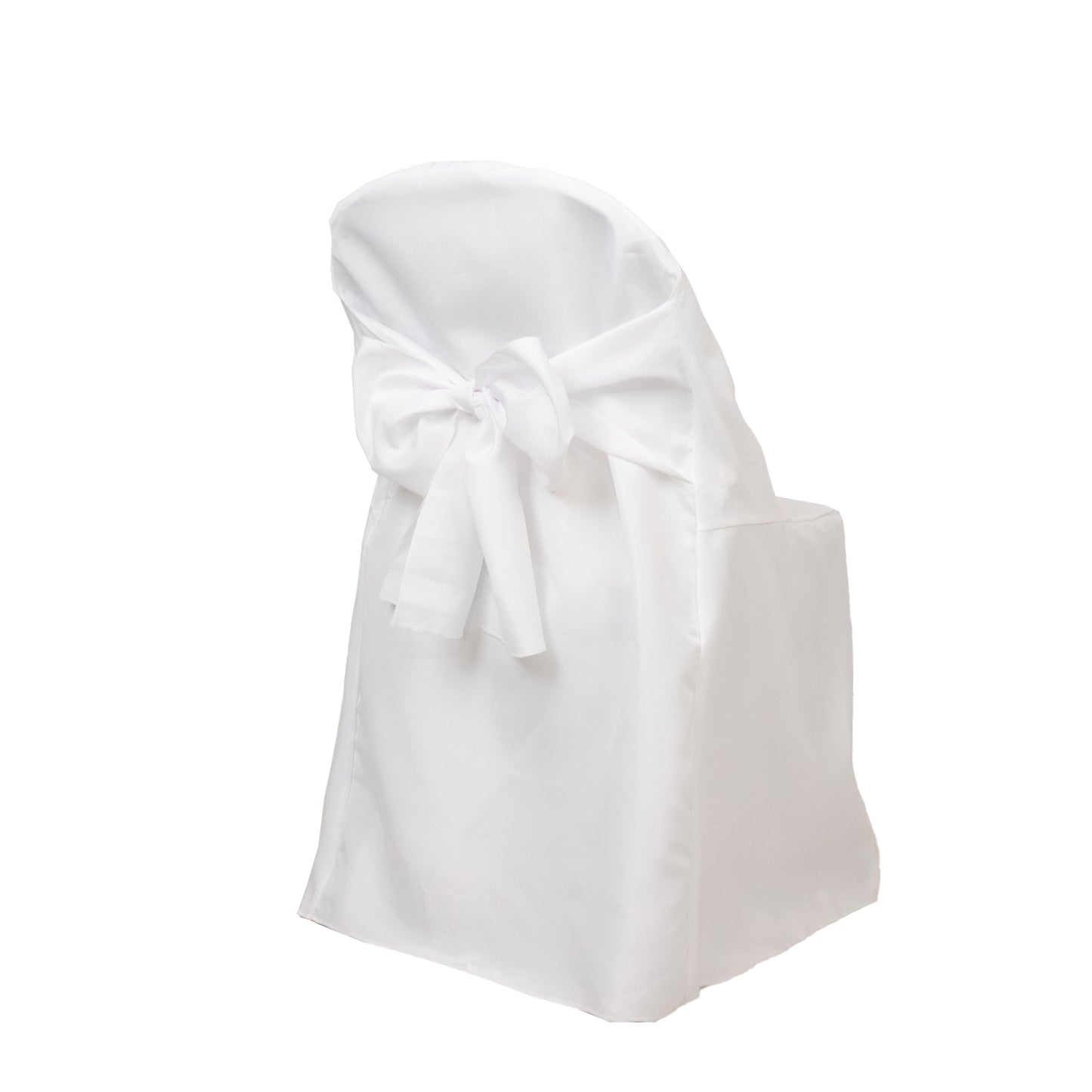 White polyester slip-on folding chair cover with attached sash.