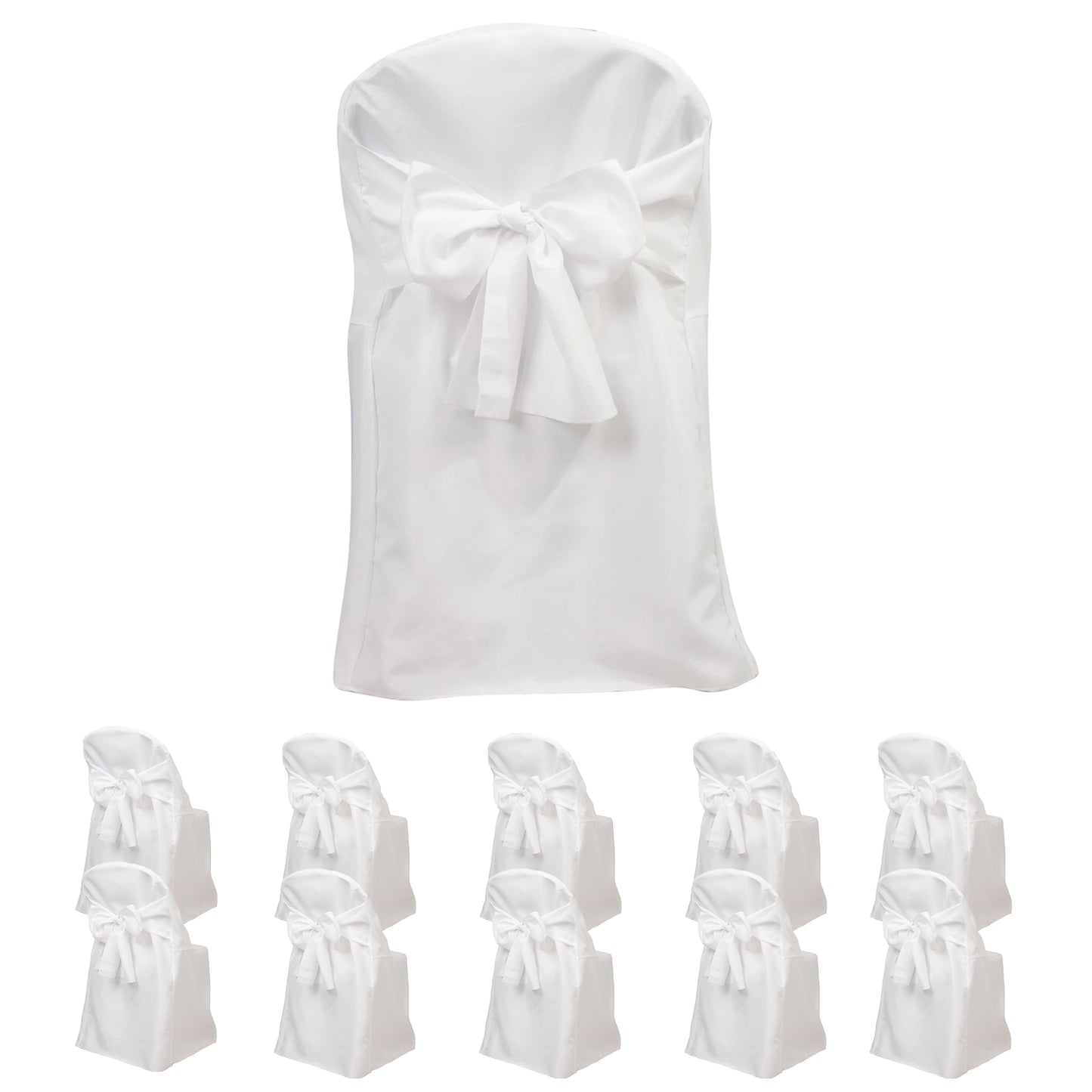 White polyester slip-on chair covers with attached sashes, 10-pack for events.